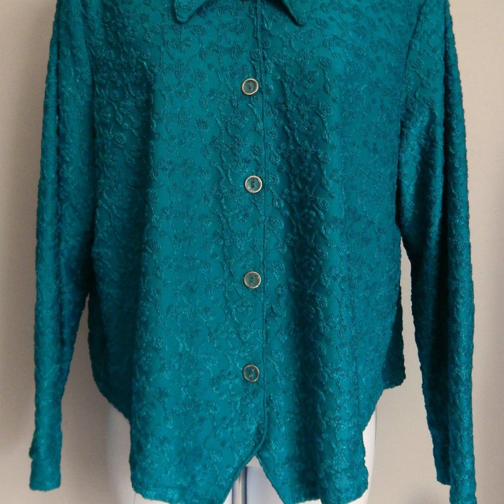 Vintage Textured Button Up Blouse Top XL Green California Connections